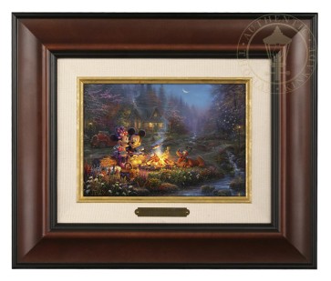 Kinkade Disney Brushworks: Mickey and Minnie Sweetheart Campfire (Classic Burl Frame)