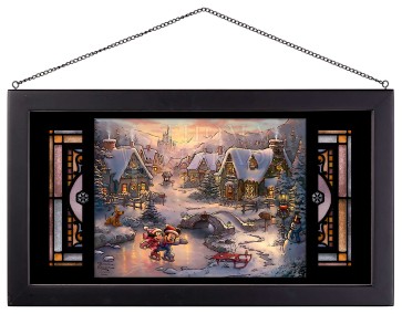 Kinkade Disney Stained Glass Art: Mickey and Minnie Sweetheart Holiday (Black Frame)