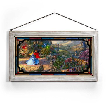 Kinkade Disney Stained Glass Art: Sleeping Beauty Dancing in the Enchanted Light (Whitewash Frame)