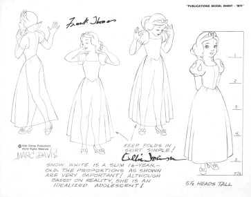 Disney Publication Model Sheet: Snow White (1) signed Marc Davis, Ollie Johnston and Frank Thomas