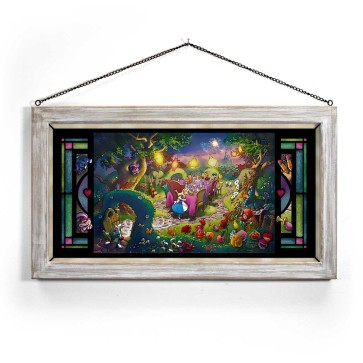 Kinkade Disney Stained Glass Art: Mad Hatter's Tea Party (Whitewash Frame)