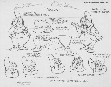 Disney Publication Model Sheet: Happy signed Ollie Johnston and Frank Thomas