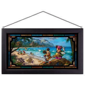 Kinkade Disney Stained Glass Art: Mickey and Minnie in Hawaii (Black Frame)