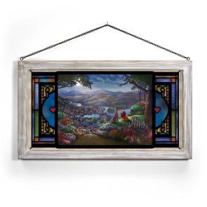 Kinkade Disney Stained Glass Art: Lady and the Tramp Falling in Love (Whitewash Frame)