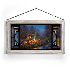 Kinkade Disney Stained Glass Art: Mickey and Minnie Sweetheart Campfire (Whitewash Frame)