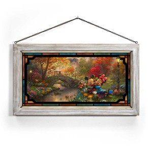 Kinkade Disney Stained Glass Art: Mickey and Minnie Sweetheart Central Park (Whitewash Frame)