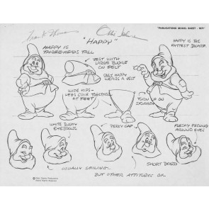Disney Publication Model Sheet: Happy signed Ollie Johnston and Frank Thomas