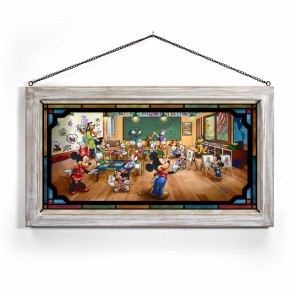 Kinkade Disney Stained Glass Art: Mickey and Minnie Schoolhouse (White Wash Frame)