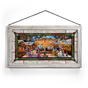 Kinkade Disney Stained Glass Art: Mickey and Minnie Christmas Market (White)